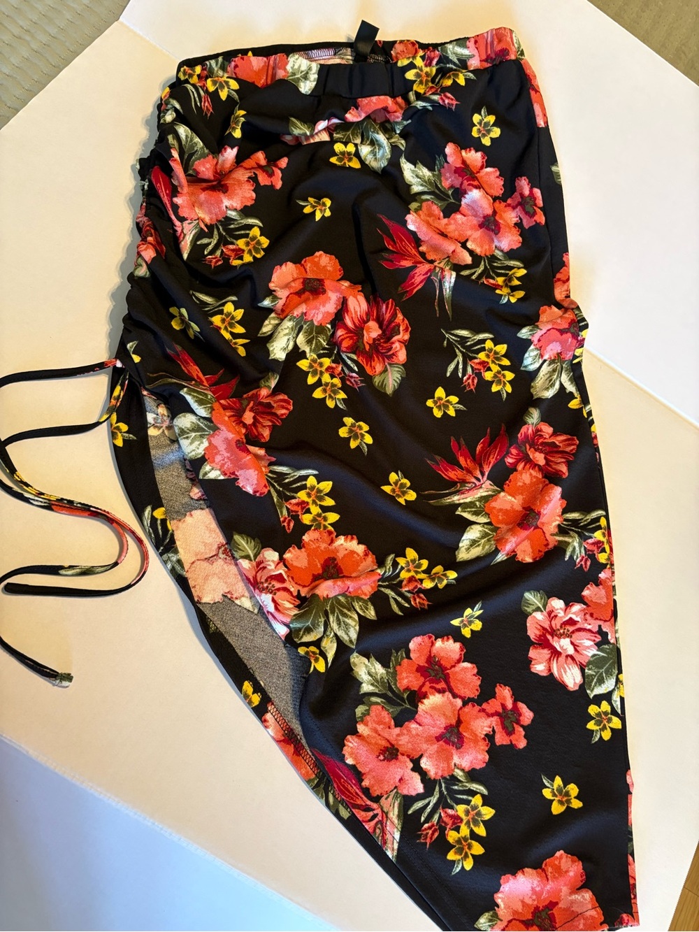 Black Floral high/low skirt with Coral Hibiscus Print
